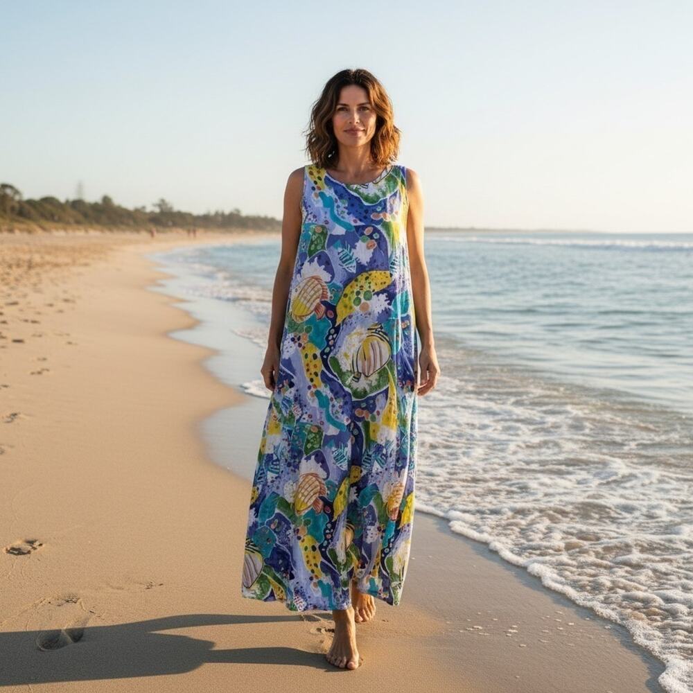 Jams World Vintage Creatures of the Sea Maxi Dress MED Hawaiian Resort Vacation